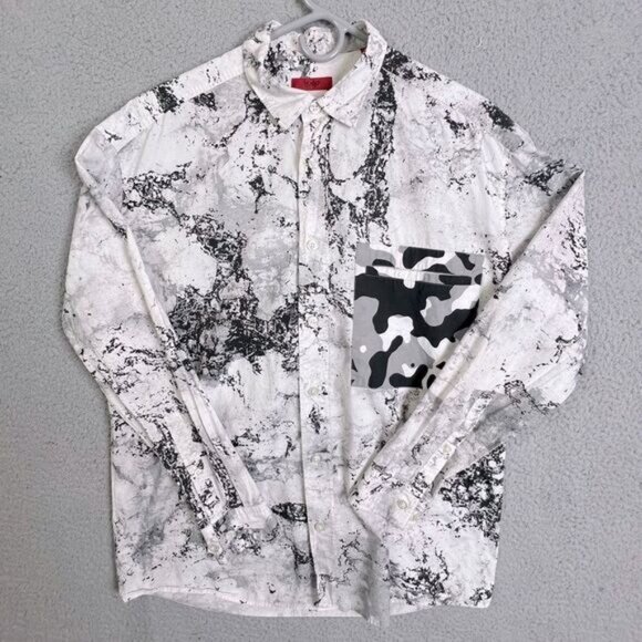 HUGO BOSS MENS BUTTON DOWN SHIRT SIZE S WHITE WITH BLACK DESIGN - Picture 1 of 9